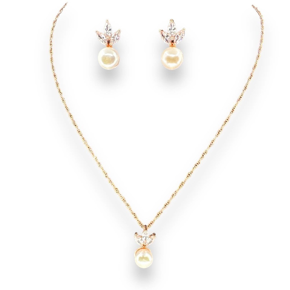 Pearl with CZ Jewelry Set over Rose Gold Tone Necklace & Earrings